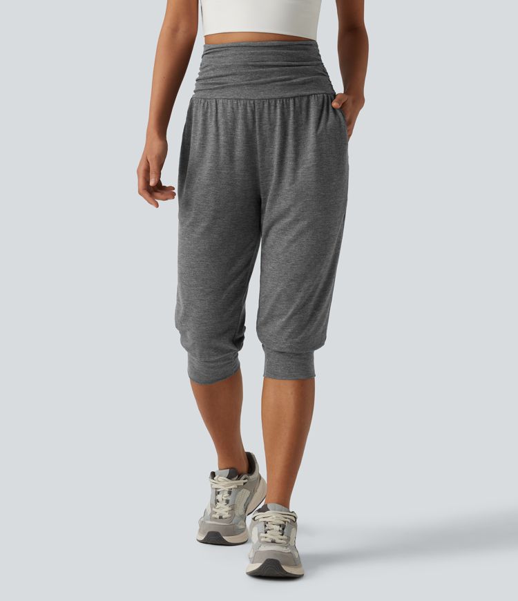 High Waisted Ruched Heathered Yoga Pedal Pushers Joggers with Pockets