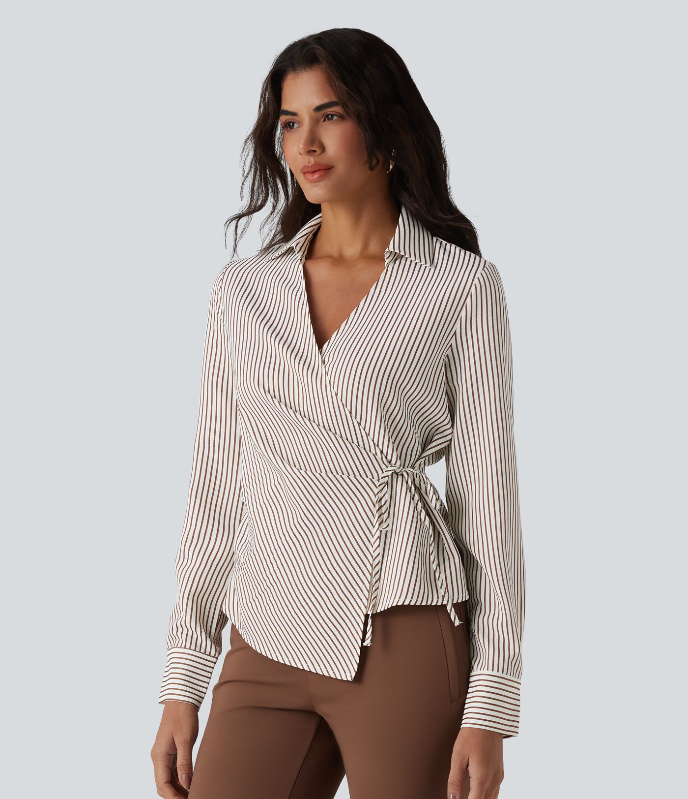 Arbeitshemd mit langen Ärmeln, Streifen, Wickeloptik und seitlichem Bindeband