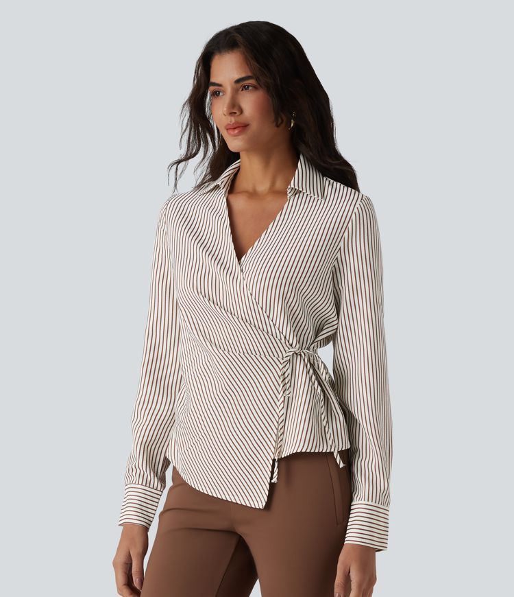 Arbeitshemd mit langen Ärmeln, Streifen, Wickeloptik und seitlichem Bindeband