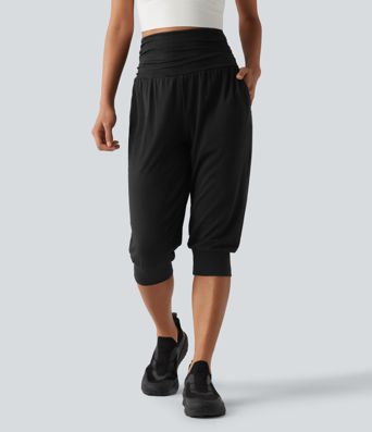 High Waisted Ruched Heathered Yoga Pedal Pushers Joggers with Pockets