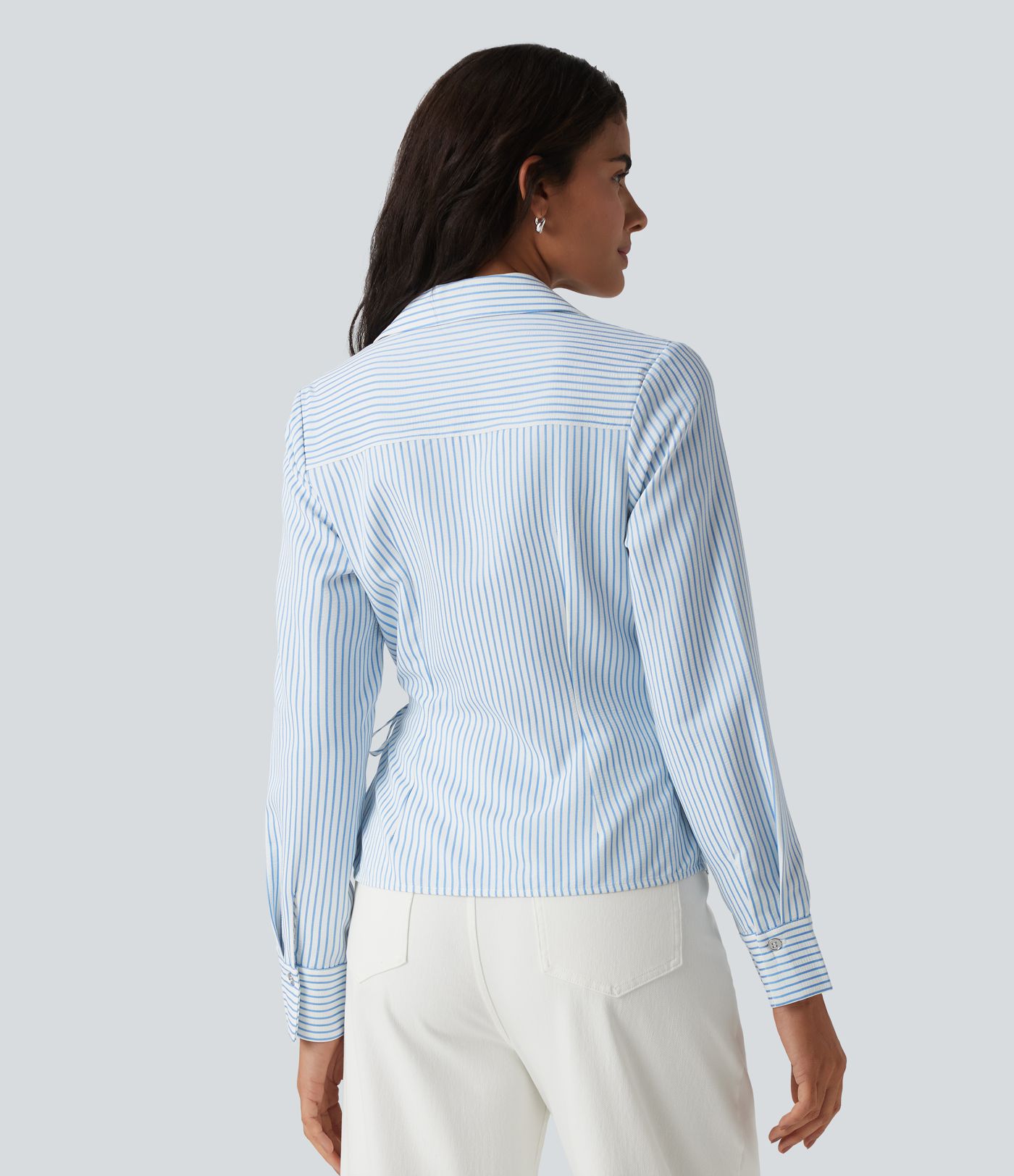 Long Sleeve Wrapped Tie Side Stripe Work Shirt