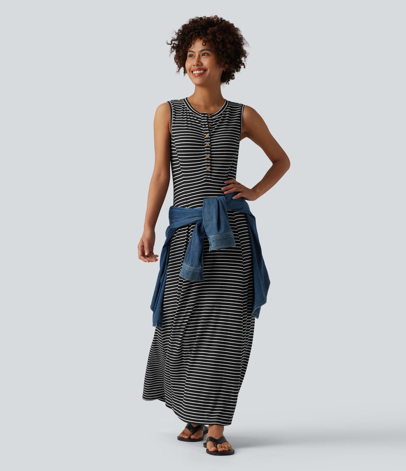 Henley Sleeveless Stripes Maxi Casual Flowy Dress with Pockets Henley Sleeveless Stripes Maxi Casual Flowy Dress with Pockets