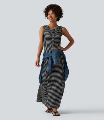 Henley Sleeveless Stripes Maxi Casual Flowy Dress with Pockets Henley Sleeveless Stripes Maxi Casual Flowy Dress with Pockets