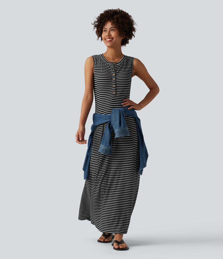 Henley Sleeveless Stripes Maxi Casual Flowy Dress with Pockets Henley Sleeveless Stripes Maxi Casual Flowy Dress with Pockets