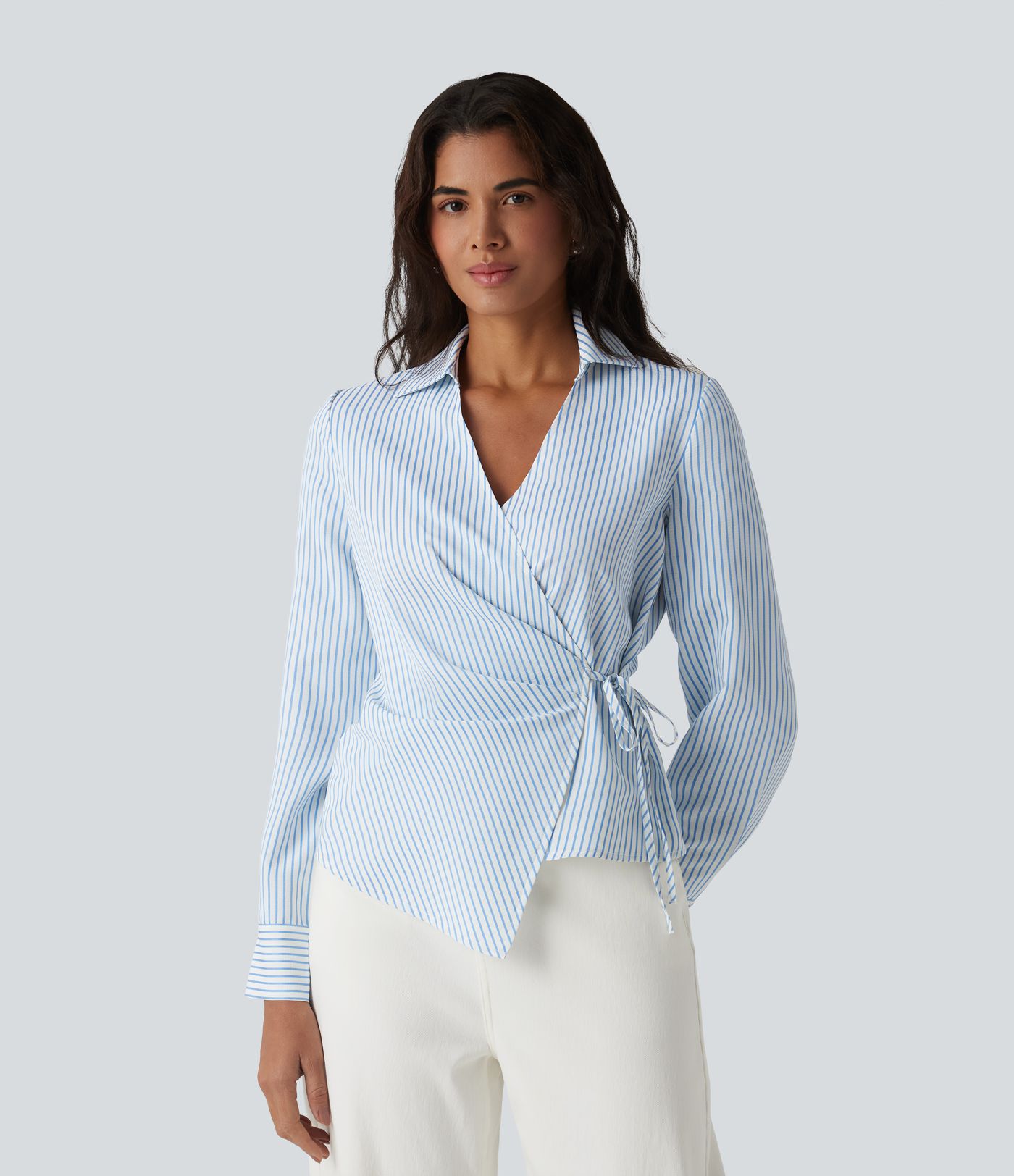 Long Sleeve Wrapped Tie Side Stripe Work Shirt