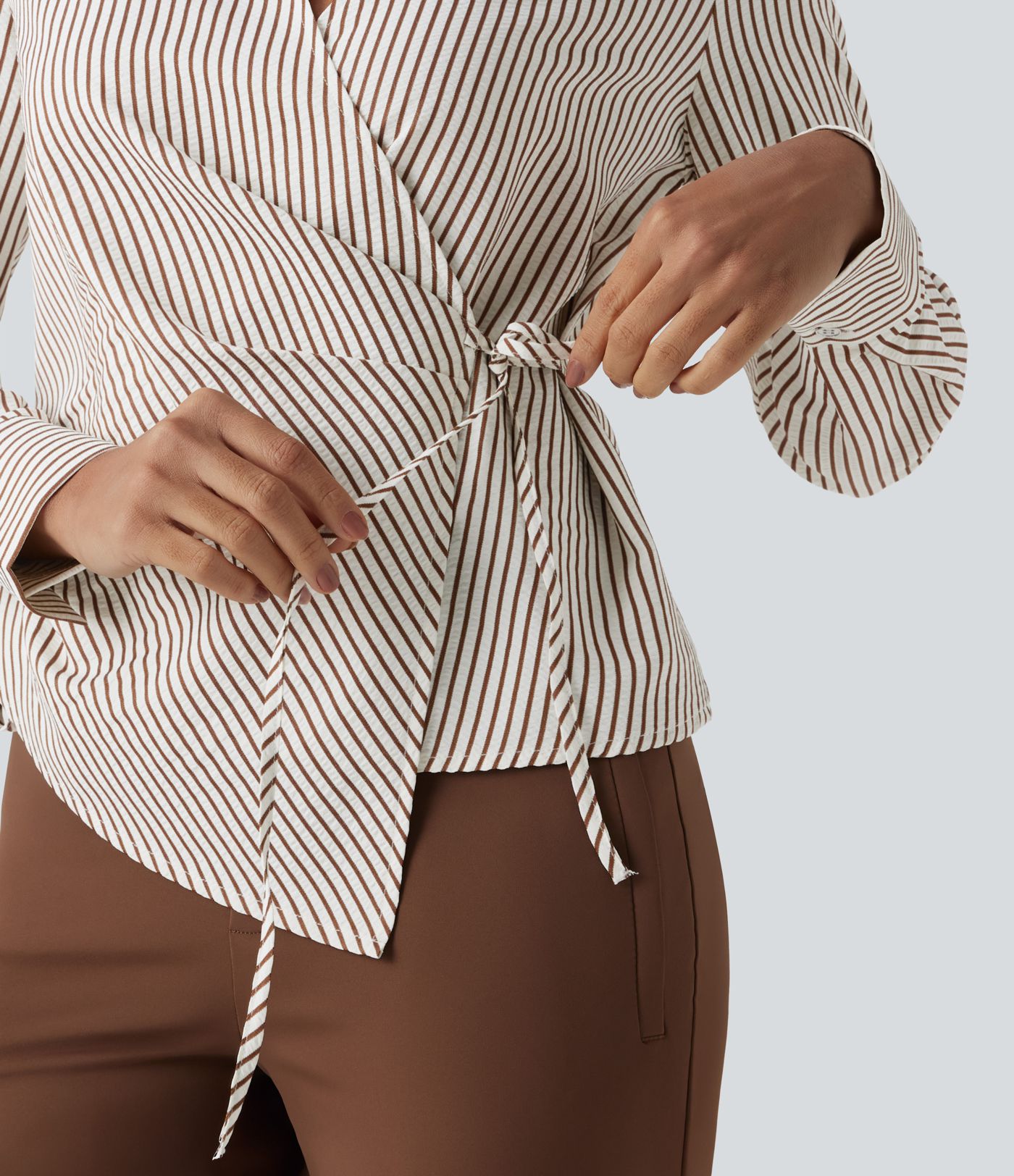 Arbeitshemd mit langen Ärmeln, Streifen, Wickeloptik und seitlichem Bindeband