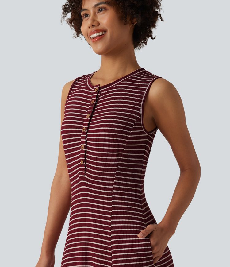 Henley Sleeveless Stripes Maxi Casual Flowy Dress with Pockets