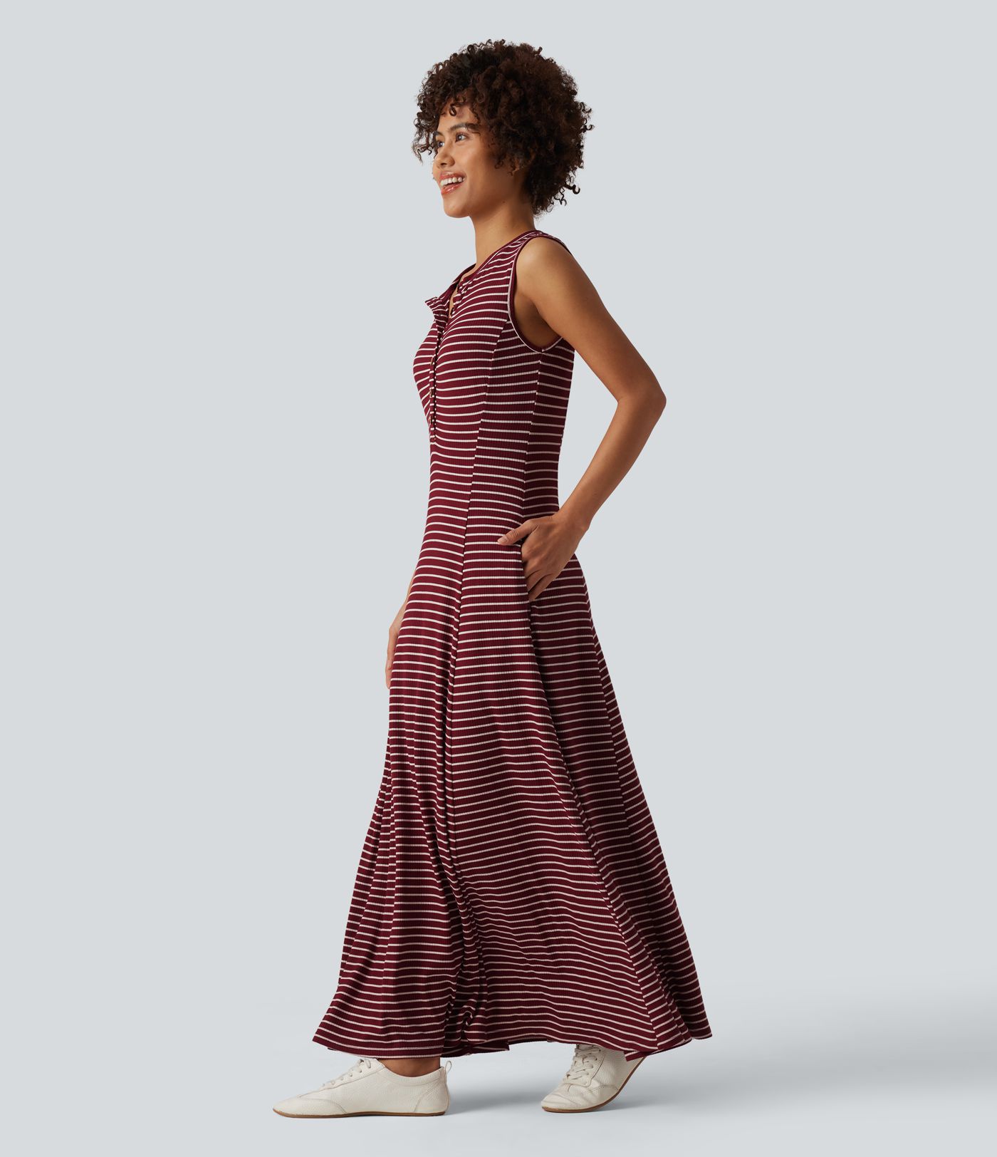 Henley Sleeveless Stripes Maxi Casual Flowy Dress with Pockets