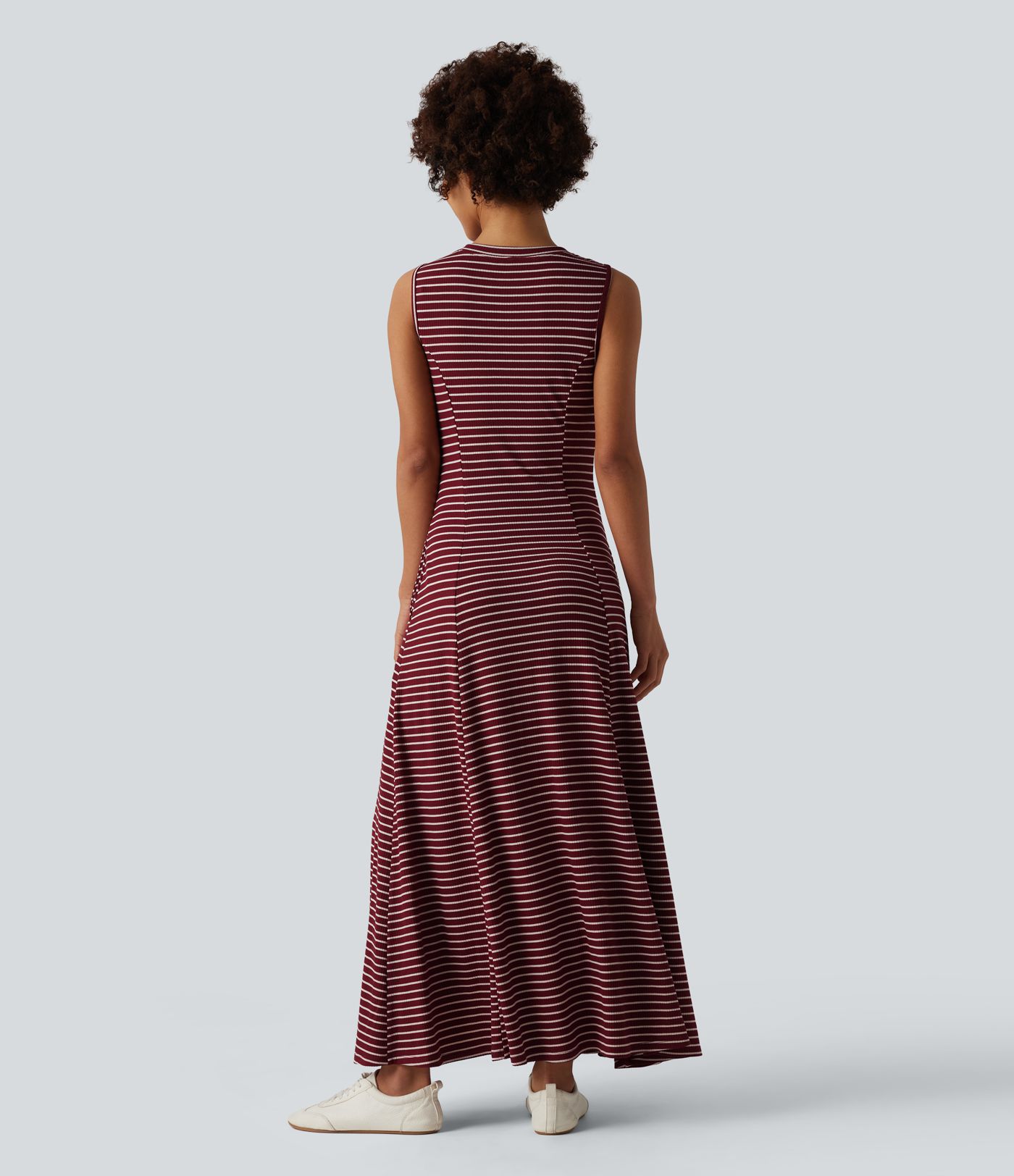 Henley Sleeveless Stripes Maxi Casual Flowy Dress with Pockets
