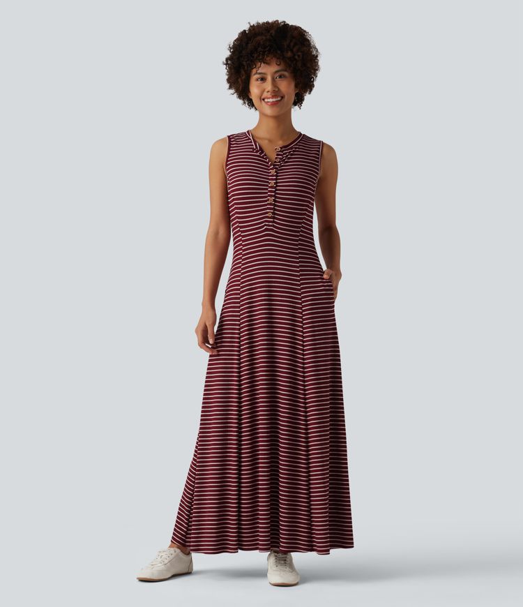 Henley Sleeveless Stripes Maxi Casual Flowy Dress with Pockets