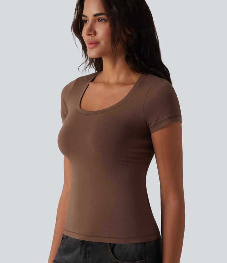 T-shirt casual de algodão com decote em U e mangas curtas