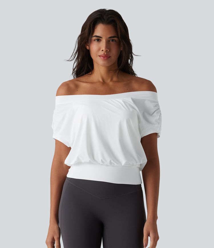 Off Shoulder Short Sleeve Oversize Cool Touch Quick Dry Yoga Sports Top