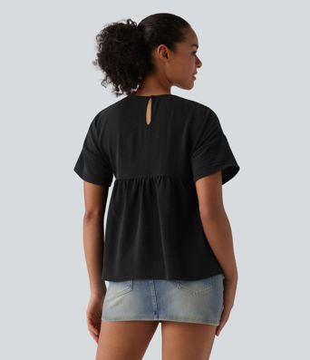 Round Neck Short Sleeve Ruffle Hem Casual Linen-Feel T-Shirt Round Neck Short Sleeve Ruffle Hem Casual Linen-Feel T-Shirt