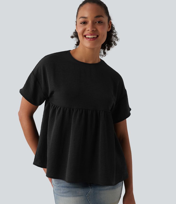Round Neck Short Sleeve Ruffle Hem Casual Linen-Feel T-Shirt Round Neck Short Sleeve Ruffle Hem Casual Linen-Feel T-Shirt