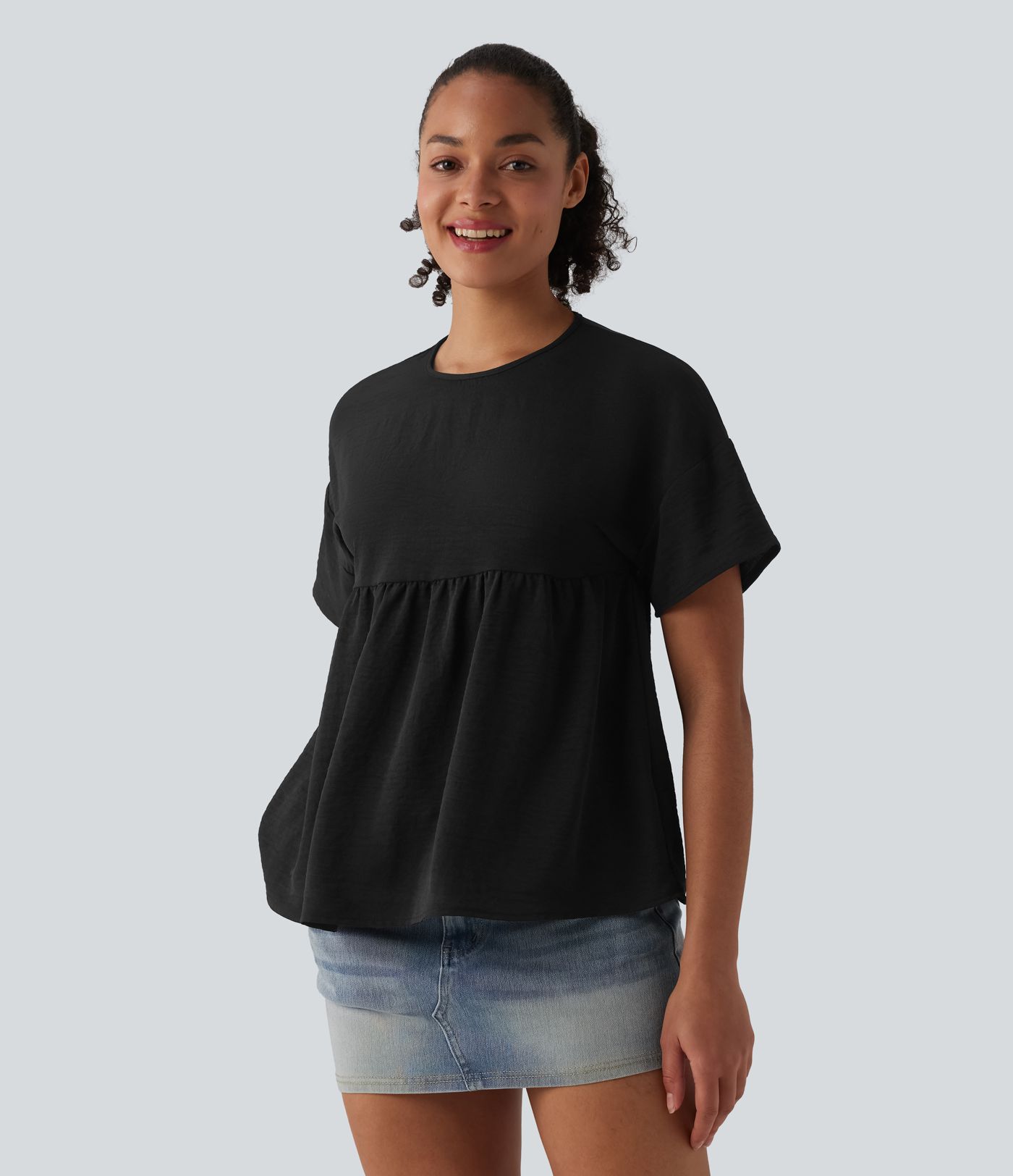 Round Neck Short Sleeve Ruffle Hem Casual Linen-Feel T-Shirt Round Neck Short Sleeve Ruffle Hem Casual Linen-Feel T-Shirt