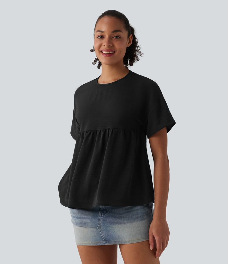 Round Neck Short Sleeve Ruffle Hem Casual Linen-Feel T-Shirt Round Neck Short Sleeve Ruffle Hem Casual Linen-Feel T-Shirt