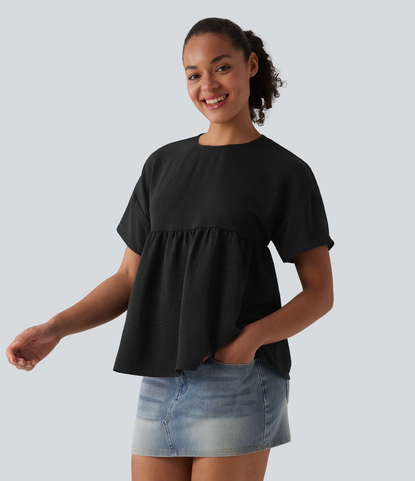 Round Neck Short Sleeve Ruffle Hem Casual Linen-Feel T-Shirt Round Neck Short Sleeve Ruffle Hem Casual Linen-Feel T-Shirt
