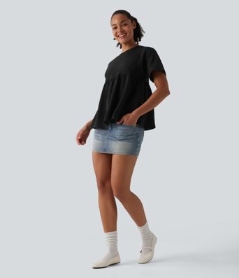 Round Neck Short Sleeve Ruffle Hem Casual Linen-Feel T-Shirt Round Neck Short Sleeve Ruffle Hem Casual Linen-Feel T-Shirt