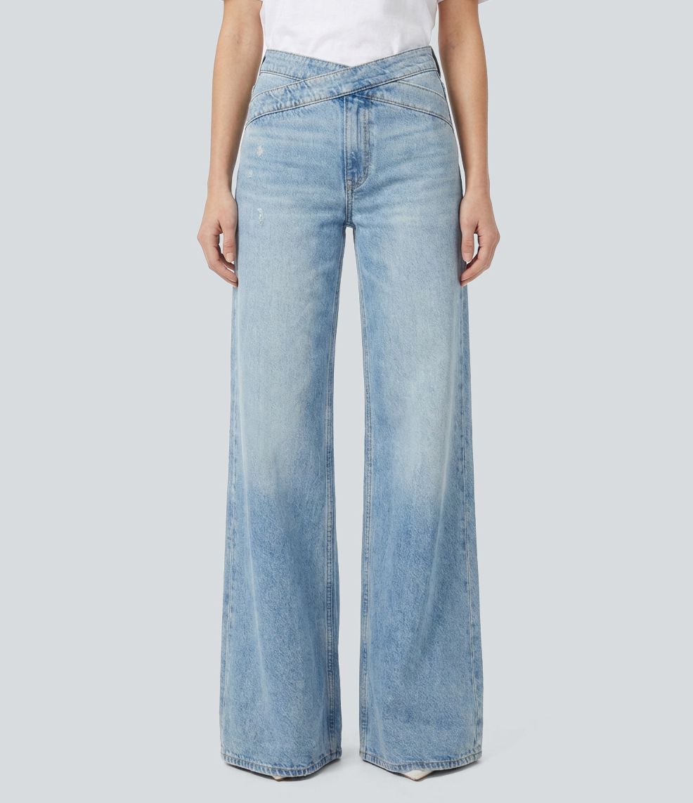 Halara Flex™ Mid Rise Crossover Wide Leg Washed Casual Jeans with Pockets