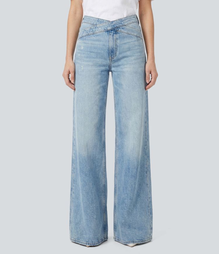 Halara Flex™ Mid Rise Crossover Wide Leg Washed Casual Jeans with Pockets