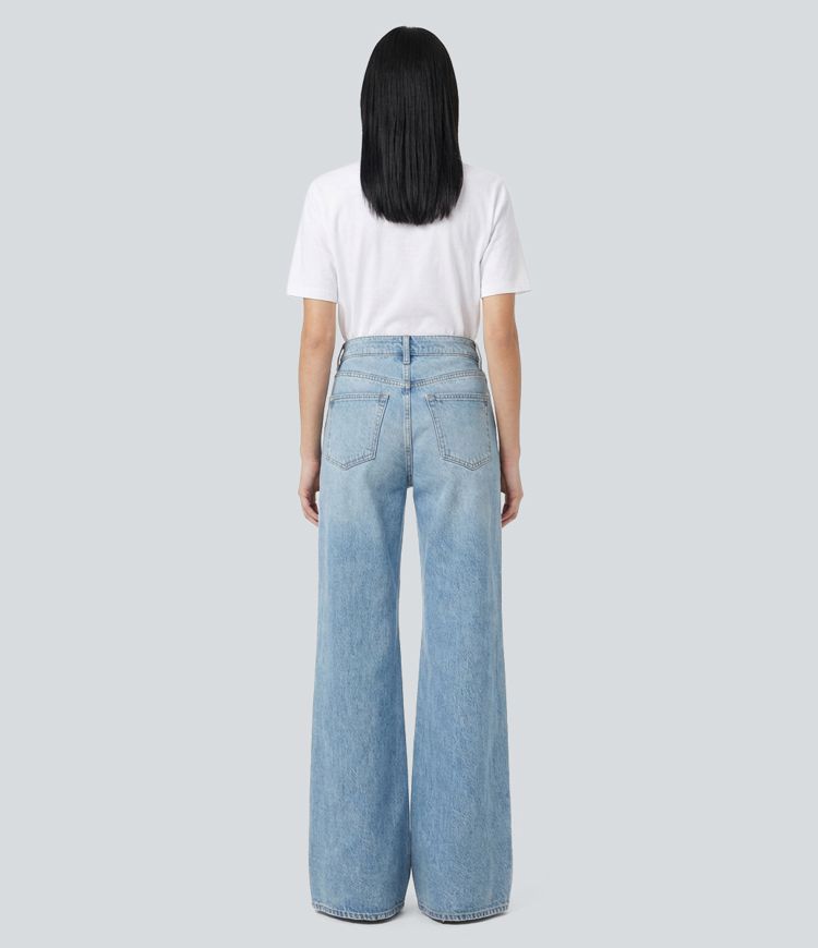 Halara Flex™ Mid Rise Crossover Wide Leg Washed Casual Jeans with Pockets