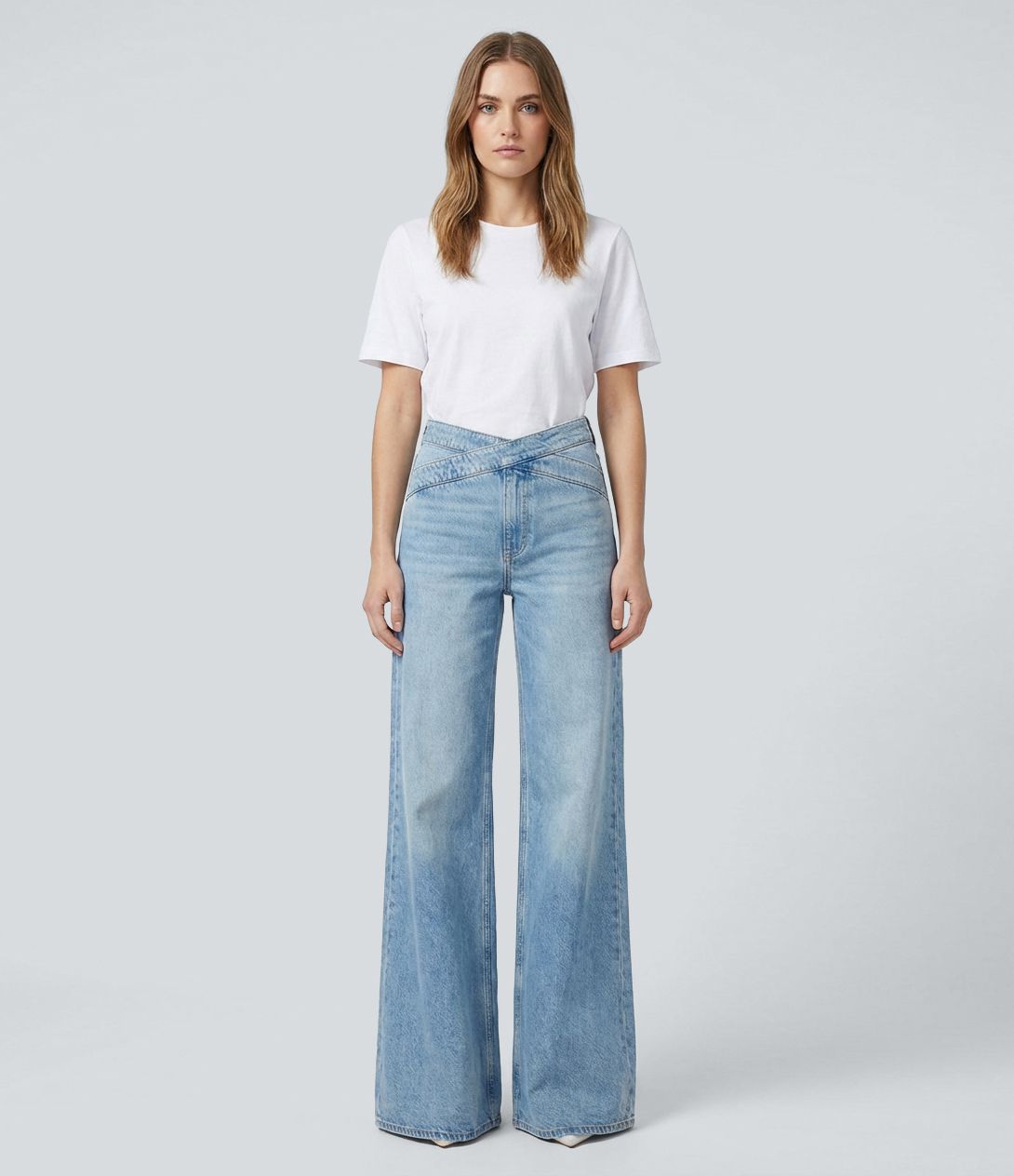 Halara Flex™ Mid Rise Crossover Wide Leg Washed Casual Jeans with Pockets