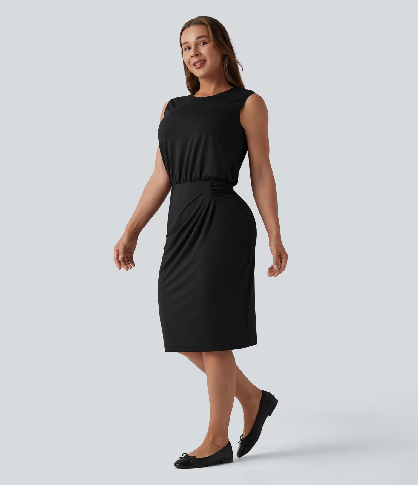 Round Neck Sleeveless Keyhole Back Midi Work Dress