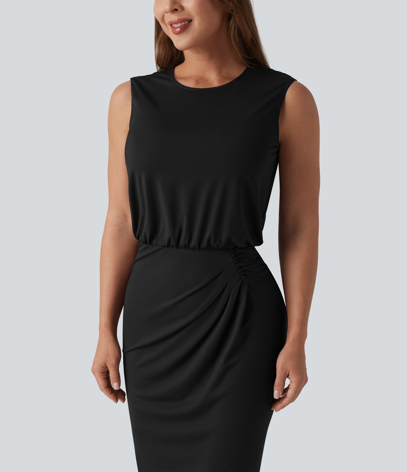Round Neck Sleeveless Keyhole Back Midi Work Dress