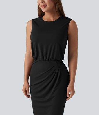 Round Neck Sleeveless Keyhole Back Midi Work Dress
