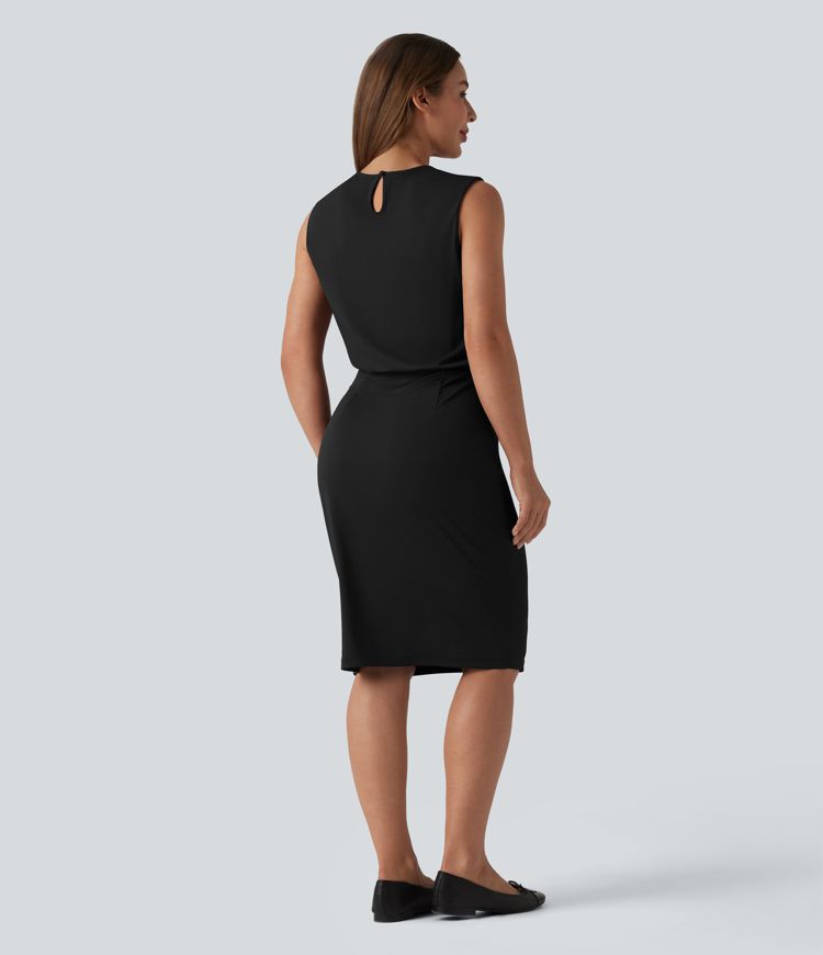 Round Neck Sleeveless Keyhole Back Midi Work Dress