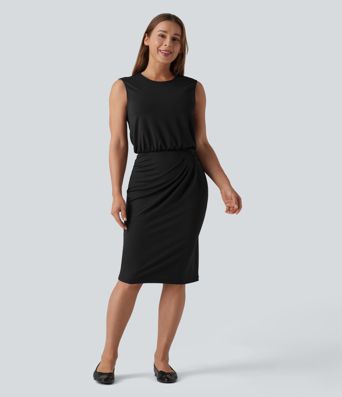 Round Neck Sleeveless Keyhole Back Midi Work Dress
