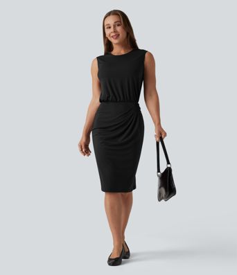 Round Neck Sleeveless Keyhole Back Midi Work Dress