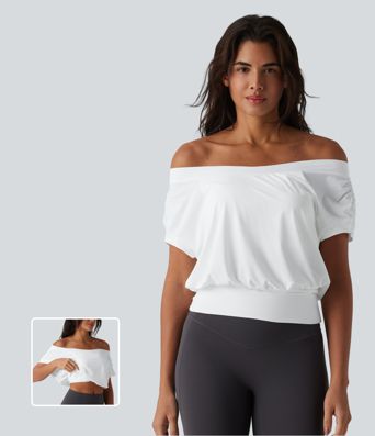 Off Shoulder Short Sleeve Oversize Cool Touch Quick Dry Yoga Sports Top