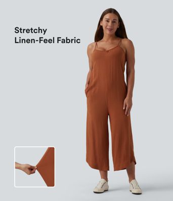Wide Leg Casual Linen-Feel Slip Jumpsuit with Pockets