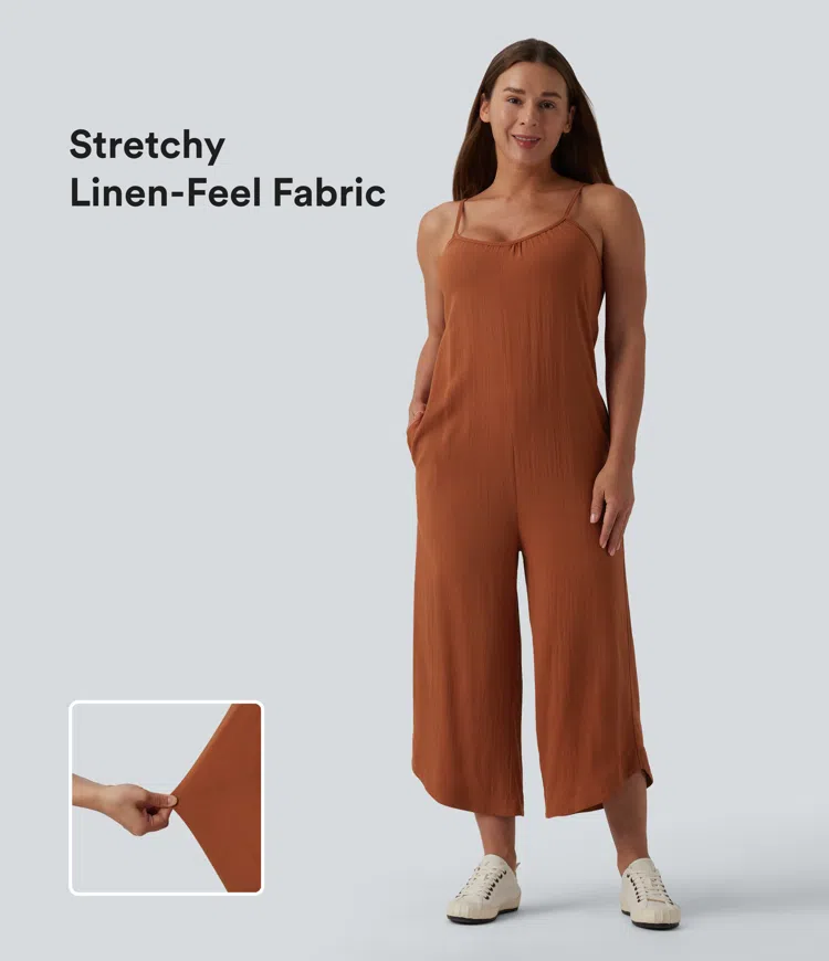 Wide Leg Casual Linen-Feel Slip Jumpsuit with Pockets