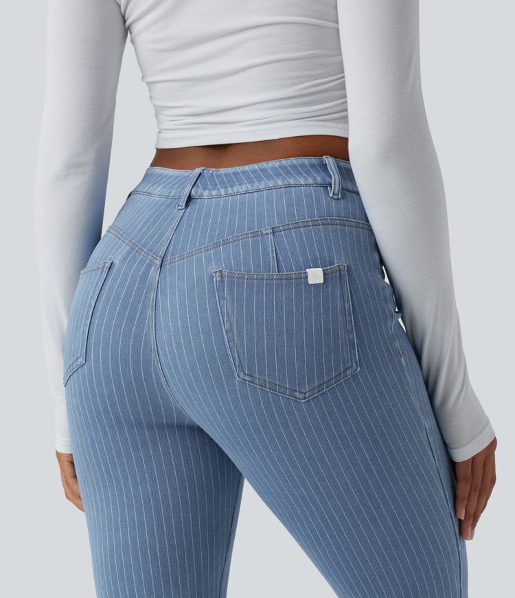 Halara Flex™ ausgestellte, gestreifte Casual-Jeans mit mittlerer Bundhöhe und Taschen