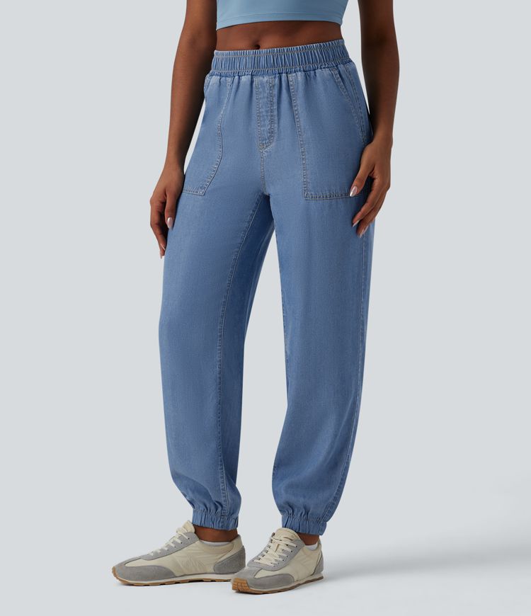 Jogging casual en jean taille mi-haute avec poches