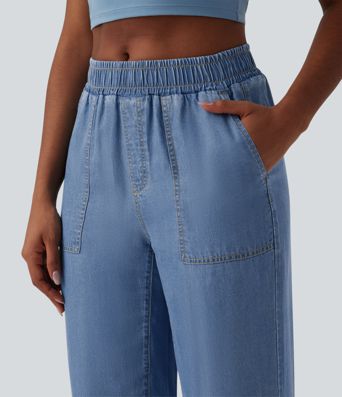 Jogging casual en jean taille mi-haute avec poches