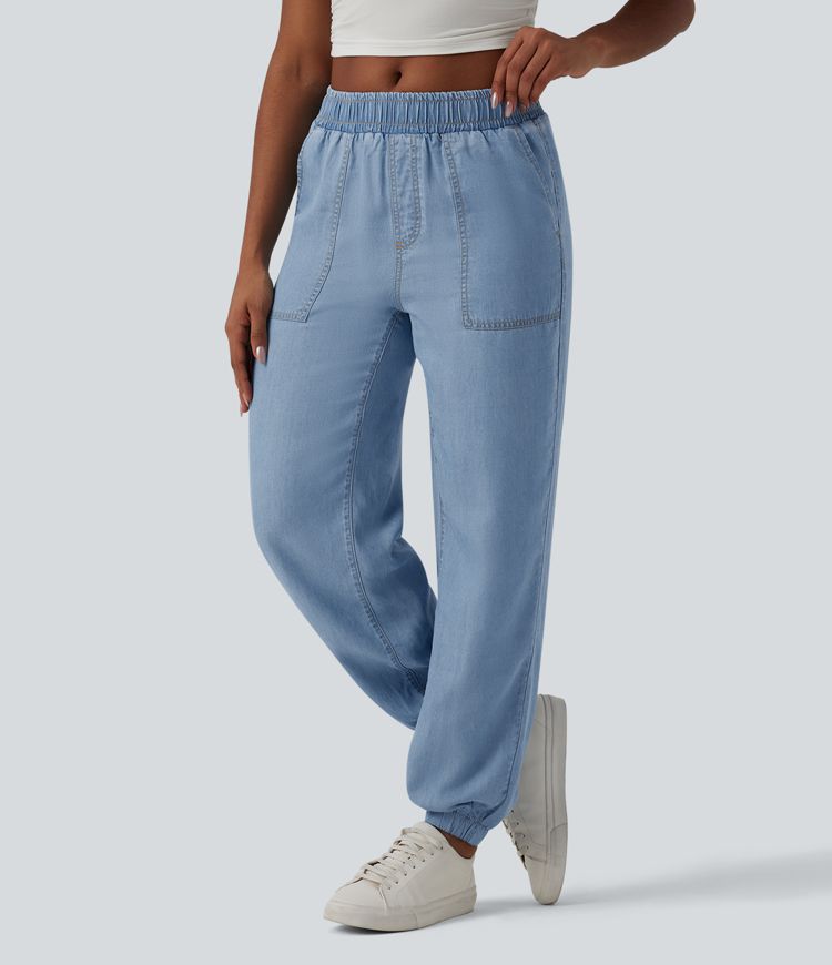 Mid Rise Denim Casual Joggers with Pockets