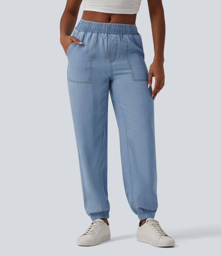 Mid Rise Denim Casual Joggers with Pockets