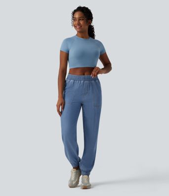 Jogging casual en jean taille mi-haute avec poches