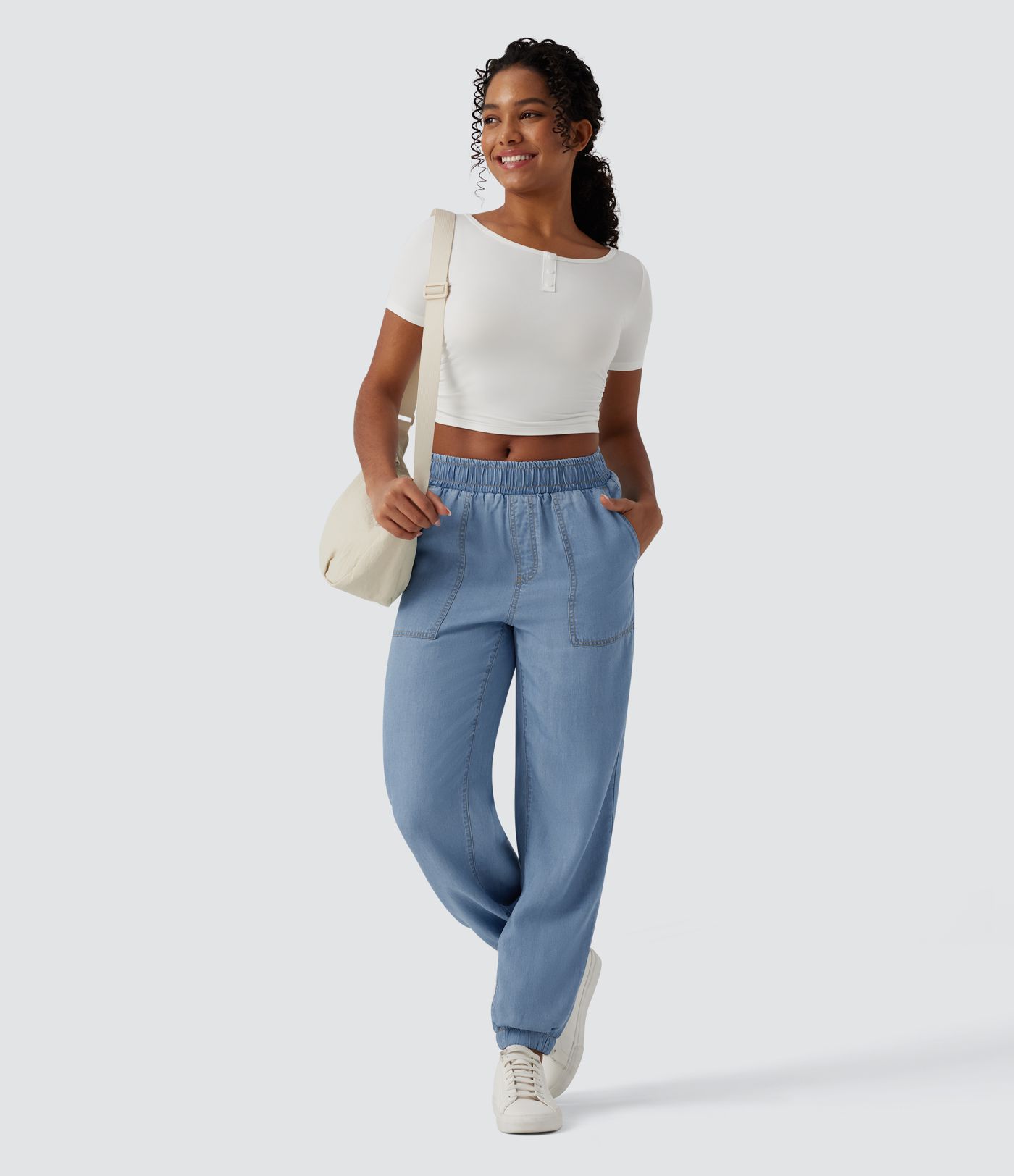 Mid Rise Denim Casual Joggers with Pockets