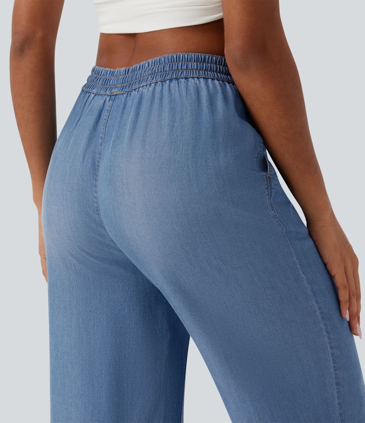 Lässige Jeans aus Lyocell mit mittelhohem Bund, Seitentaschen, Kordelzug und weitem Bein Lässige Jeans aus Lyocell mit mittelhohem Bund, Seitentaschen, Kordelzug und weitem Bein