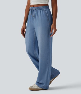 Lässige Jeans aus Lyocell mit mittelhohem Bund, Seitentaschen, Kordelzug und weitem Bein Lässige Jeans aus Lyocell mit mittelhohem Bund, Seitentaschen, Kordelzug und weitem Bein