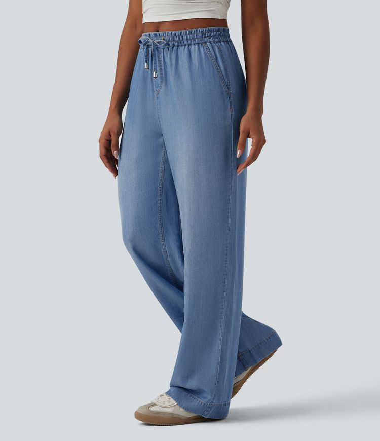 Lässige Jeans aus Lyocell mit mittelhohem Bund, Seitentaschen, Kordelzug und weitem Bein Lässige Jeans aus Lyocell mit mittelhohem Bund, Seitentaschen, Kordelzug und weitem Bein