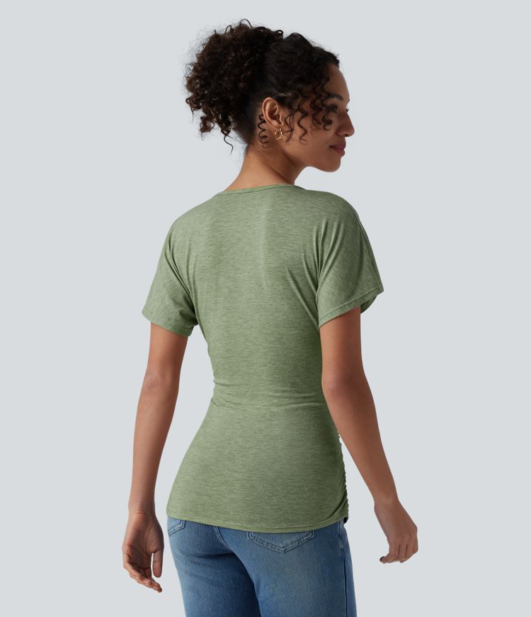 V Neck Short Sleeve Ruched Casual Top