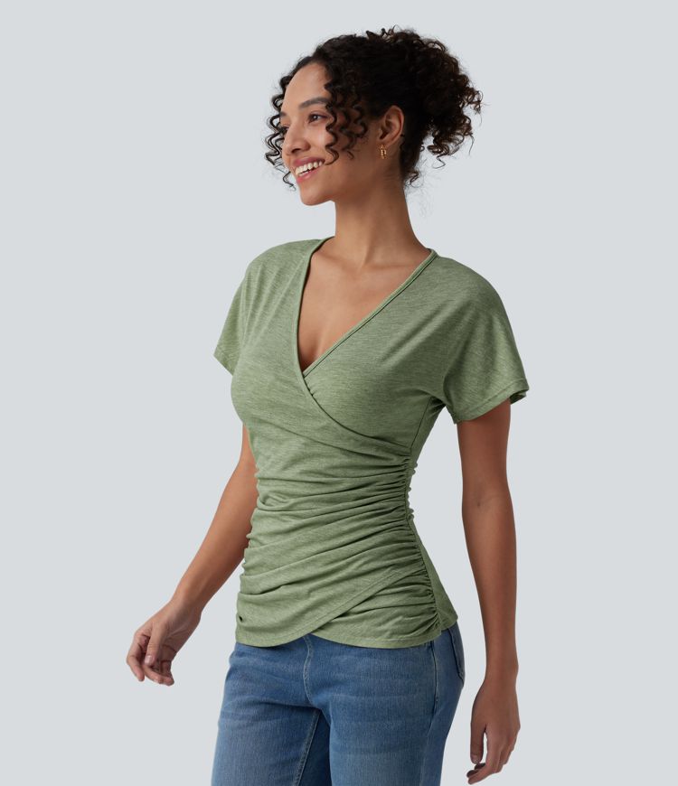 V Neck Short Sleeve Ruched Casual Top