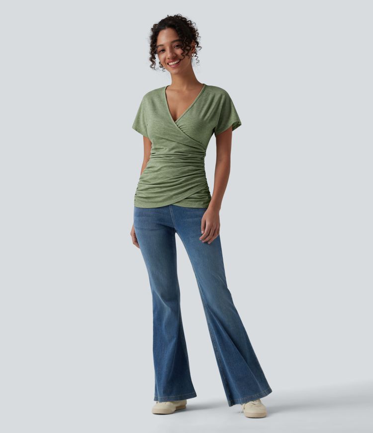 V Neck Short Sleeve Ruched Casual Top