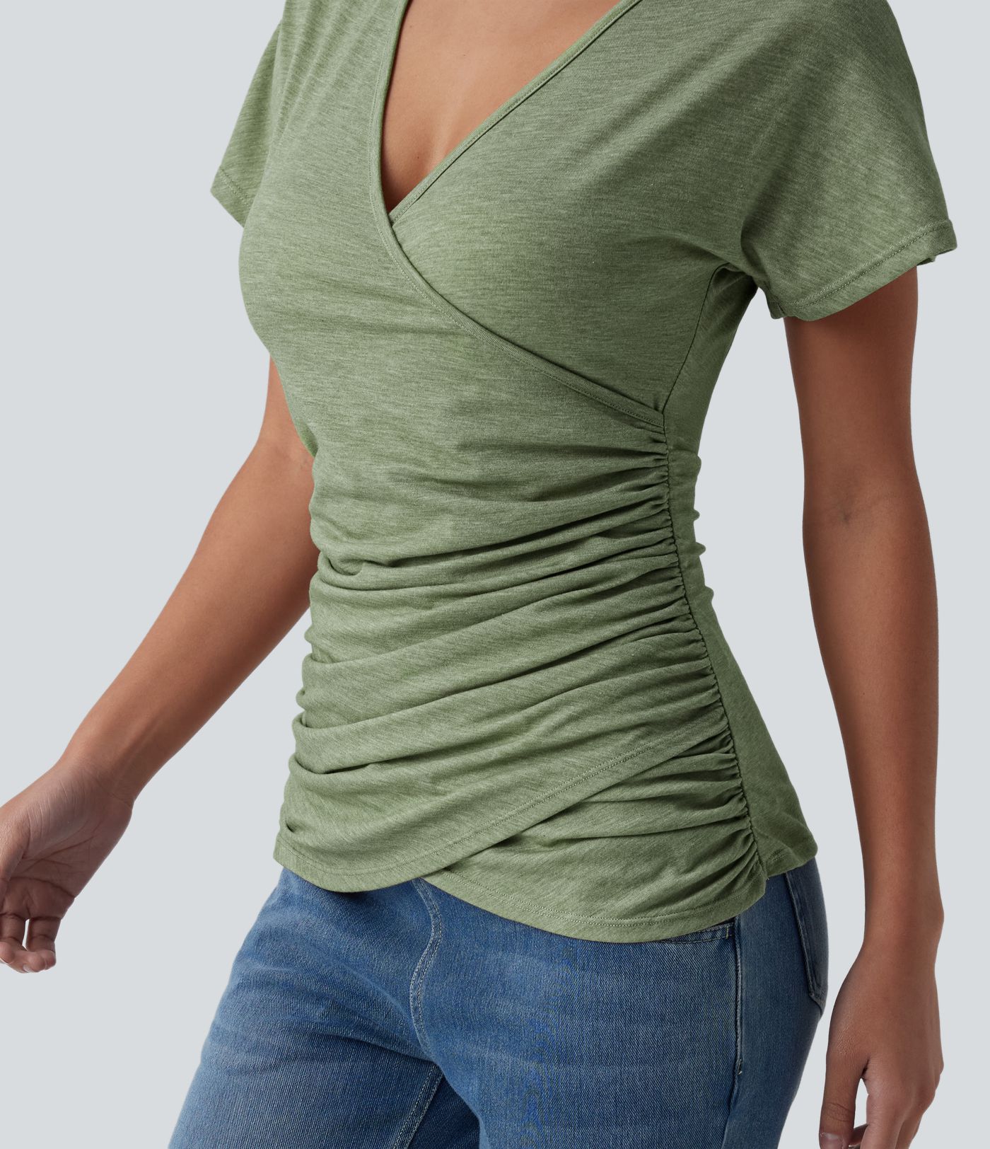 V Neck Short Sleeve Ruched Casual Top