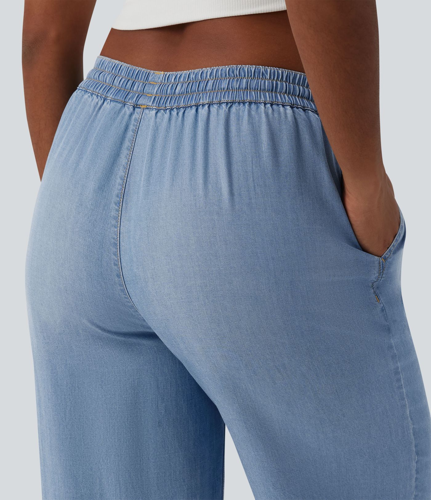 Mid Rise Drawsting Draped Wide Leg Casual Jeans with Pockets